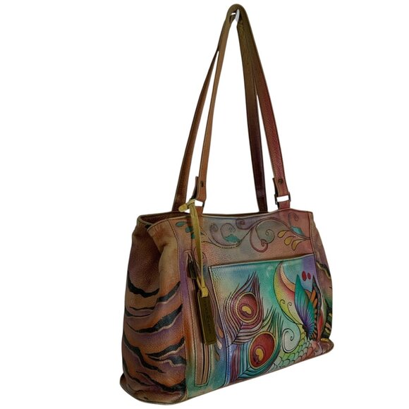 Anuschka Painted Butterfly Leather Hobo Shoulder Bag Zip Top Purse Dual Straps - Picture 4 of 16